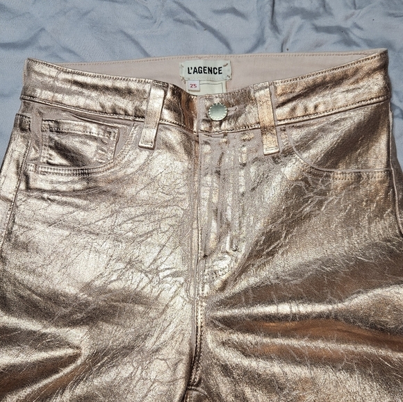 L'AGENCE Margot High-rise Petal Light Rose Gold Foil Ankle Skinny Jeans size 25 - Picture 6 of 11